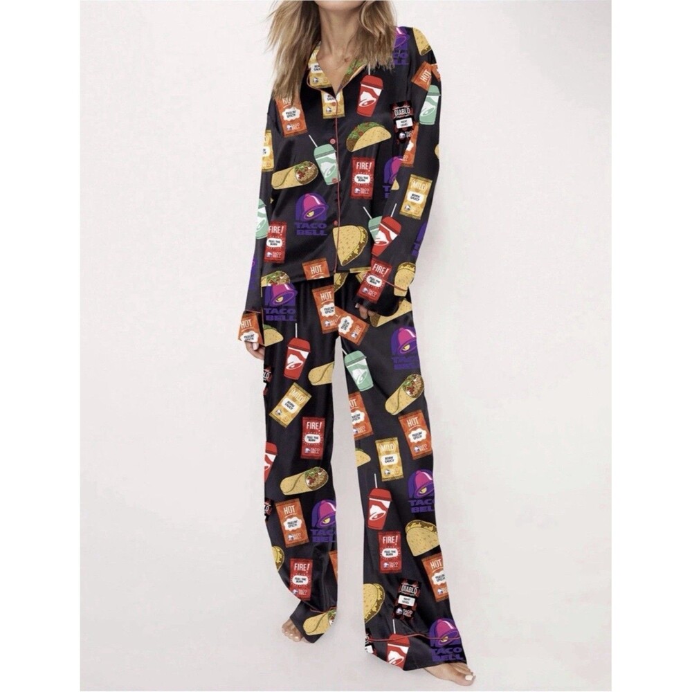 Sheshow Taco Bell Black Satin Long Button Up Pajama Set Size XL NWT
